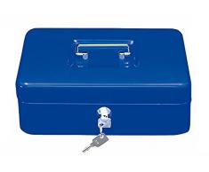 Wedo 145303H Geldkassette (aus pulverbeschichtetem Stahl, versenkbarer Griff, Geldnoten- und Belegeklammer, 5-Fächer-Münzeinsatz, Sicherheits-Zylinderschloss, 25 x 18 x 9 cm) blau