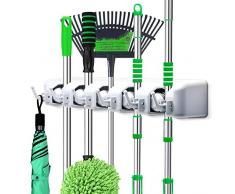 PUAIDA Besenhalter, Wand Gerätehalter mit 5 Schnellspannern und 6 Haken, perfekt Mop Besen Ordnungsleiste für Gartenwerkzeug Küche Badezimmer Garage(Grau)