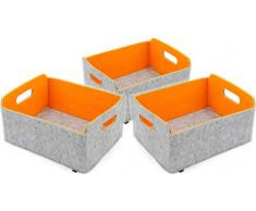 Luxflair 3er Set Faltbarer Aufbewahrungskörbe aus waschbarem Filz Graumeliert/orange, 30x24x15cm. Ordnungsbox, Regalbox, Faltbox, Spielzeugkorb, Filzkorb