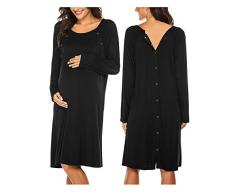 Skione Umstandskleid Damen Stillnachthemd Geburtskleid Knielang Geburtshemd Langarm Nachthemd mit Stillfunktion Nachtwäsche Schlafoverall mit Knopfleiste für Schwangere Frauen Herbst, Winter