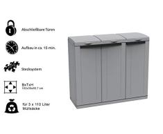 Kreher XXL Gartenschrank, Müllbox mit 3 Türen und Halterung für Müllsäcke. Aus Kunststoff in Grau. Mit Deckel und Türen. Praktisch und Preiswert.