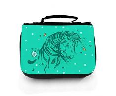 Waschtasche Waschbeutel Kulturbeutel Kosmetiktasche Reisewaschtasche Pferd Wildpferd mit Blumen Federn Sternen Schmetterlingen und Wunschnamen wt129