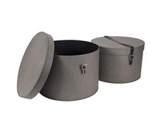 Bigso Box of Sweden 2er-Set Aufbewahrungsbox mit Deckel – runde Ordnungsbox mit Lederriemen – große und kleine Hutschachtel aus Faserplatte und Papier in Leinenoptik – grau
