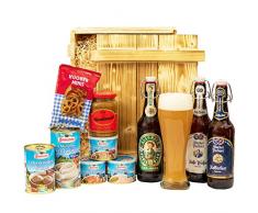 Geschenkset München | Großer Bayern Geschenkkorb mit Bier, Bierglas & bayrischen Spezialitäten | Bayerisches Geschenk Set gefüllt für Frauen & Männer | Typisch deutscher Wurst Präsentkorb