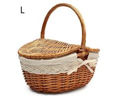 Geflochten Korb aus Rattan Korb mit 2 Deckeln Weidenkorb Einkaufskorb Aufbewahrungskorb Picknickorb,Khaki