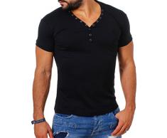 Young & Rich Herren Uni feinripp Basic T-Shirt mit Knopfleiste & tiefem V-Ausschnitt deep V-Neck Slim fit einfarbig 1873, Grösse:L;Farbe:Schwarz