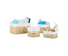 Relaxdays Aufbewahrungskörbe Set Bambus 17,5 x 32 x 23 cm HxBxT, 4er Set Aufbewahrungsbox für Regal und Schrank, natur