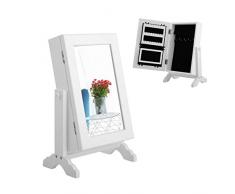 DREAMADE Mini Schmuckschrank Schmuckkasten mit Spiegel, Schmuckspiegel Standspiegel Weiß, Schmuck Schränkchen Kosmetikspiegel für Schmuck Aufbewahrung, Holz