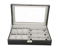 6+3 Grid Brille und Uhr Aufbewahrungsbox, PU Kohlefaser Ledertasche Watch Schmuckschatulle Armband Organizers Display Boxen mit Kissen, Glasdeckel, Silber verschließbare Schnalle