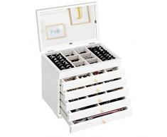 COSTWAY Schmuckkasten mit Spiegel, Schmuckschatulle 6 Ebenen, Schmuckkästchen aus Kiefer, Schmuckkoffer weiß, Schmuckaufbewahrung 30 x 19 × 25 cm, Schmuckvitrine für Ohrringe, Halsketten, Ringe