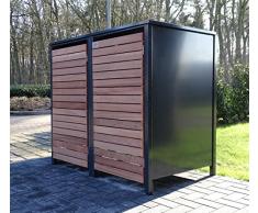 2 Mülltonnenboxen für 240 Liter Mülltonnen in Edeldesign Anthrazit - Edelholz / witterungsbeständig durch Pulverbeschichtung / mit Klappdeckel und Fronttür aus Edelholz