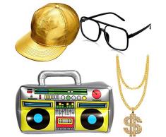 meekoo Hip Hop Kostüm Kit Hut Sonnenbrille Gold Kette 80s/ 90s Rapper Zubehör (Gold Baseball Mütze, Boom Box)