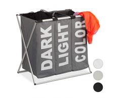 Relaxdays, dunkelgrau 3er Wäschesortierer, Klappgestell, getrennter Wäschesack, 3 Fächer, 90 Liter, XXL Wäschekorb, Standard