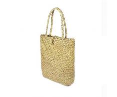 Damen Schultertasche, Stroh Weben Korbtasche Rattan Blumenkorb Tragetasche Tasche Flaschenkorb Lunchtasche Grosse Kapazität Geschenk,Natural