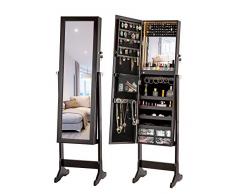 LUXFURNI LED-Licht Schmuckschrank Standspiegel Make-up abschließbarer Schrank, großer Aufbewahrungsbehälter mit Schubladen (Braun)