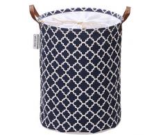 Sea Team Marokkanisches Gittermuster Wäschesammler Leinenstoff Wäschekorb Faltbarer Aufbewahrungskorb mit PU-Ledergriffen und Kordelzug-Verschluss, 45 x 35 cm, wasserdichte Innenseite