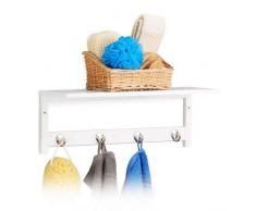 Relaxdays Wandregal mit 4 Haken, HxBxT: 17,5 x 50 x 16 cm, Bambus, Handtuchhalter, Wandgarderobe, freischwebend, weiß