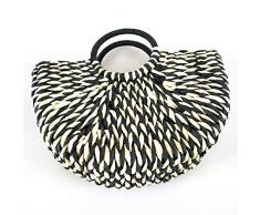 ZANGAO Frauen-runde Eimer Halbkreis Strohtaschen Handmade Net Farbe gesponnenen Korb Rattan Handtasche Schwarz (Color : Black)