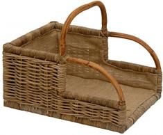Holzkorb Landhaus, Kaminholzkorb mit Griff zum Tragen und Lagern von Holz-Scheiten, Korb aus ungeschältem Rattan Grau mit Inlett (Groß)