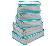 mDesign 5er-Set Aufbewahrungsbox mit Reißverschluss – Packtasche für Handgepäck, Koffer oder Reisetasche – atmungsaktive Wäschebox aus Polyester mit Netzeinsatz – grau, türkis und weiß