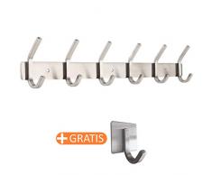 Hakenleiste Wand-Garderobe Kleiderhaken Garderobenleiste Rostfrei Edelstahl – hält bis zu 30 kg – 6 feste Haken + 1 selbstklebender Haken gratis – schlichte, gebürstete Optik – keine scharfen Kanten