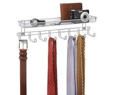 mDesign Garderobenleiste mit Ablage - 8 Garderobenhaken für Schmuckaufbewahrung, Krawattenhalter & Gürtelhalter - Aufbewahrungskorb für Portemonnaie, Schlüssel & Co. - Silberfarben