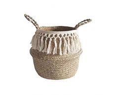 Groust Fischkorb Picknickkörbe Spielzeugkasten Ablagekorb Hochwertiger Quasten-Makramee Seegras-Geflochtener Korb Haushalts Aufbewahrungskorb Geeignet Für Wohnzimmer Garten Balkon Picknick (S/M/L)
