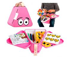 Teebee - Kinder Reise Spielzeug Box, Kiste & Organizer | Spiel Unterlage, Reisetisch, Kindertisch, Spieltisch | Unterwegs Spielen & Essen auf Reisen im Auto, Flugzeug, Zug | inkl. Reisespiele | Pink
