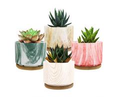 Lewondr Keramik Sukkulenten Töpfe, 4 Stück 9 cm Holzmaserung Kaktus Pflanze Mini Blumentöpfe Set mit Klein Loch und Bambusschale, Dekorationen für Zuhause, Büro, Balkon