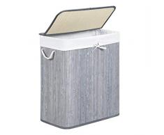 SONGMICS Wäschekorb 100 L, Wäschesammler aus Bambus, Wäschetruhe mit Griffen, Deckel mit Clips, faltbar, Wäschesack herausnehmbar, Vintage, grau LCB71GW