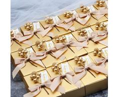 MUCHEN SHOP Hochzeit Geschenkbox,30 Sätze Hochzeitsbevorzugungskästen mit Bändern Quadratisch Bonbons Süßigkeiten Schachtel Papier Süßigkeiten Box für Hochzeit Geburtstag Party Dekoration Gold