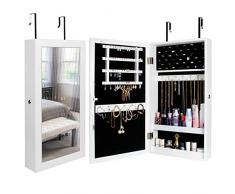 Yorbay Hängend Schmuckschrank mit Spiegel, abschließbar für Türmontage und Wandmontage, Seelux Serie Schmuckregal Weiß in 67x37x10cm, für Halsketten, Armbanduhren, Ringe, Armbänder (Mehrweg)