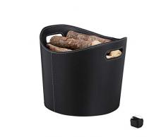 Relaxdays, schwarz Kaminholzkorb Kunstleder L, Stabiler Feuerholzkorb mit Tragegriffen, für Brennholz & Zeitungen, oval, L