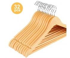 ilauke 32 STK. Kleiderbügel aus Holz mit Rockkerben und Hosensteg, 360 Grad drehbar, Jackenbügel Anzugbügel Wäschebügel, Ahornholz