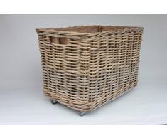 Großer Holzkorb auf Rollen, Mehrzweckkorb aus Rattan mit herausnehmbarem Jutestoff