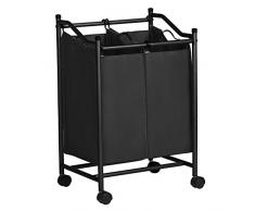 SONGMICS Wäschesortierer mit Rollen und 2 Fächern, Wäschekorb, Wäschesammler, Wäschewagen mit abnehmbaren Taschen, Gesamtkapazität 90 L, schwarz, LSF002BK
