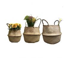 GOODCHANCEUK 3er Set Wäschekorb Faltbar Seegras Blumenkorb Handgewebt Blumen Stroh Korb für Pflanze Blumentopf mit Griffen