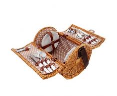 Mendler Picknickkorb-Set für 4 Personen, Picknicktasche Weiden-Korb, Porzellan Edelstahl, beige-weiß