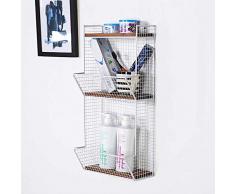 unknow Wandmagazinhalter, Metall Zeitungsständer Zeitungs Regale Hängeschmiedeeisen Holzplatte Partition DREI-Tier-Storage Rack Shelf-weiß 27.5x17x58cm (11x7x23inch)