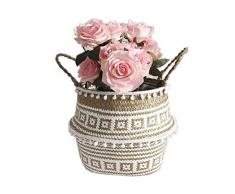 Aufbewahrungskorb aus natürlichem Seegras - Goodchanceuk Seegras Bauchnabelkorb mit Bommel, faltbar, geflochtener Korb mit Griff für Wäsche, Spielzeug oder Pflanzgefäße, Kinderzimmer, Style#7, 32x28cm