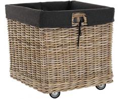 Großer Rollkorb mit Griffen/Holzkorb mit Rollen aus grauem Natur Rattan/Aufbewahrung Holz-Wagen Räder Kaminholz-Korb Kamin Allzweck-Korb mit Inlett (Quadratisch)