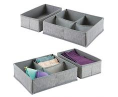 mDesign 4er-Set Stoffbox für Schrank oder Schublade mit 1 bzw. 4 Fächern – die ideale Aufbewahrungsbox (Stoff) – flexibel verwendbare Stoffkiste – grau