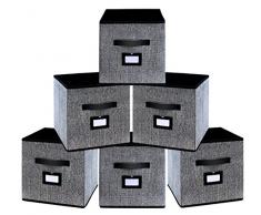 homyfort 6er Set Faltbare aufbewahrungsboxen stoffbox faltbox 26 x 26 x 28 cm, mit Ledergriffe Und Etikettenhalter, schwarz Leinen, 7XABS06PLP