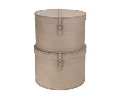 Bigso Box of Sweden 2er-Set Aufbewahrungsbox mit Deckel – runde Ordnungsbox mit Lederriemen – große und kleine Hutschachtel aus Faserplatte und Papier in Leinenoptik – Hellbraun