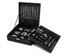 ProCase Schmuck Kästchen Organizer für Frauen, Zwei Schicht Schmuck Display Aufbewahrung Koffer mit 8 Halskette Kleiderbügel und herausnehmbaren Trennwand für Ohrringe Armbänder Ringe Uhren -Schwarz