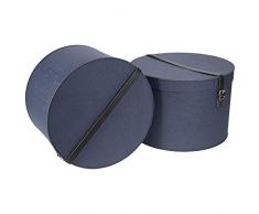 Bigso Box of Sweden 2er-Set Aufbewahrungsbox mit Deckel – runde Ordnungsbox mit Lederriemen – große und kleine Hutschachtel aus Faserplatte und Papier in Leinenoptik – blau