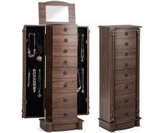 COSTWAY Schmuckschrank braun, Schmuckkommode mit Spiegel, Aufbewahrungsschrank für Schmuck