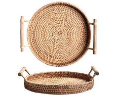 DOKOT Tabletts aus Weidengeflech Brotkorb Griffen Serviertablett Korbtablett Korb Rattan Rund 28 cm