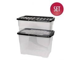 2 Stück AufbewahrungsboxCurve mit Deckel aus transparentem Kunststoff. Nutzvolumen 65 und 42 Liter. Stapelbar, nestbar, einsehbar. Mit Deckel.