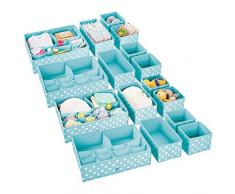 mDesign 16er-Set Kinderzimmer Aufbewahrungsbox – stilvolle Stoff Aufbewahrungskisten in verschiedenen Größen – Kinderschrank Organizer aus atmungsaktiver Kunstfaser – türkis/weiß